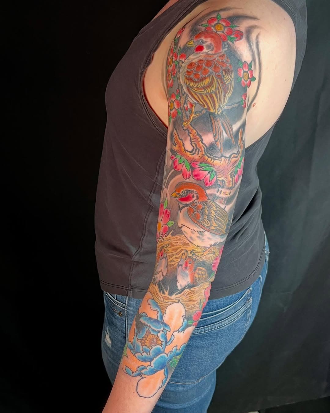 Some healed pics of this sleeve. Everything came together nicely on this one. @mantratattoo @ciferri_adam @chrismiff @workhorseirons @thesolidink @blackclaw ☸️🙏🏼📿💎💎💎 
.
.
.
.
#japanesesparrowtattoo #irezumi #traditionaljapanesetattoo #colortattoo #coloradotattooartist #denvertattooartist #davidronincustom