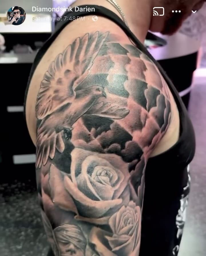 Check out this black and grey tattoo sleeve done by Darien!! 🔥🖌️👌🏼 If you love large scale tattoos come see him every day but Wednesdays. #tattoos #tattoo #blackandgreytattoo #sleeve #artist #art #florida