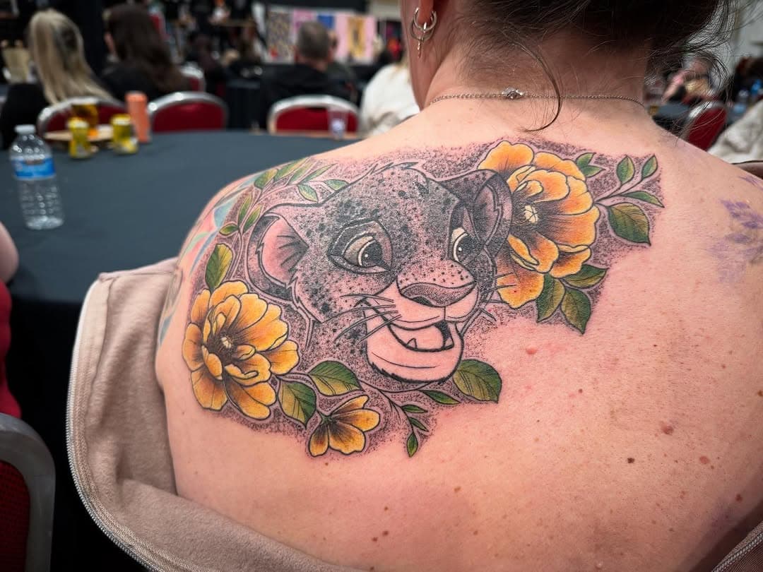 Tattooed by Paul for enquiries email, skinwizardtattoo@gmail.com, Had a great first day, done this piece with a cheeky coverup,  Looking forward to part two tomorrow @uktattoofest @crocarttattoocare @monstersinkhq @sknworksuk @valknutrotary #disney#lionking#backtattoo#colourtattoo#coverup#skinwizard#tattooconventions#blackwork#uktattoofest#tattooidea#tattoolife#tattoomagazine#tattoo#tattoos#tattooing