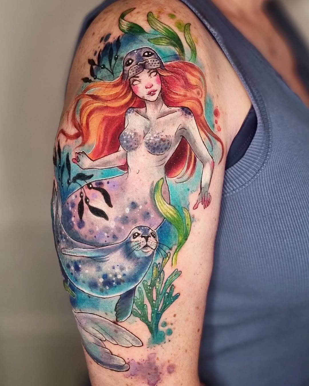 A Selkie for Yvonne 🌊💙 
It was quite a long day but was thoroughly enjoyable.
Selkies are mythological creatures that can shapeshift between seal and human forms by removing or putting on their seal skin. They feature prominently in the oral traditions and mythology of various cultures, especially those of Celtic and Norse origin
I love tattooing designs involving folklore, mythology, fables & fairy tales - so I would relish the opportunity to do more like this.

If you would like to book in or have any ideas please email me at sempertattoo@gmail.com

Tattooed using @fusion_ink & @killerinktattoo supplies.  Aftercare by @dermalizepro

.
.
.
.
.
.
#sempertattoo #scottishtattooclub
#fusionink #dermalizepro #killerinktattoosupplies #selkie #selkietattoo #mythologytattoo #sealtattoo #seal #celtic #celticmythology #norsemythology #folklore #mythologicalcreatures #watercolourtattoo #edinburghart #edinburghtattoo #selkieseal