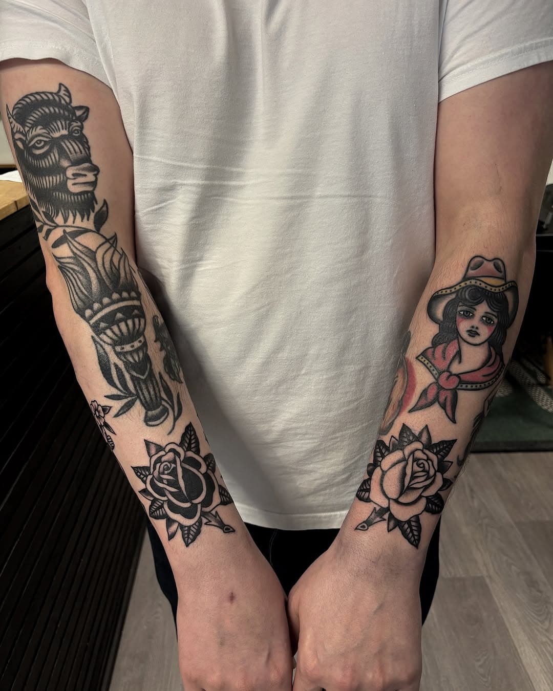 All the black and grey work was done by me, but we also just redid the old cowgirl piece and brought her back to life. Some of the other pieces are healed from 6 years ago. Thanks again, Adam 💪🏼
