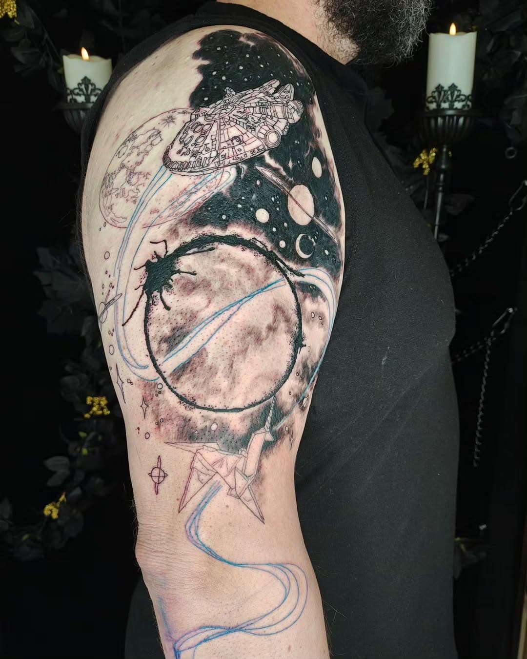 A great start on this multi-universe half sleeve! Can you name all of the references? Too excited not to share! 🌌🌕
.
.
.
Made with:
📍Made at the queer, poc, women/womxn, witch-friendly space, @shieldmaidentattoo 
🎨Ink: @eternalink @worldfamousink
💊Aftercare: @recoveryaftercare  @crybabytattooaftercare
🪡Needles: @higherlevel_tattoosupply_co
🩸Machine: @cheyenne_tattooequipment

#Tattoo #artofskin #Tattoos  #LongmontTattoo #FolksWithTattoos #WomenTattooers #TattooIdeas #QueerTattooers #TattooArtist #ColoradoTattoo #LGBTQFriendly #FinelineTattoo #PrettyTattoo #DelicateTattoo #FemmeTattooers #FemaleTattooArtist #WomenWhoTattoo #LadyTattooers #ShieldMaiden #ShieldMaidenTattoo #illustrativetattoo
#spacetattoo #wiptattoo #starwarstattoo #arrivaltattoo #bladerunnertattoo