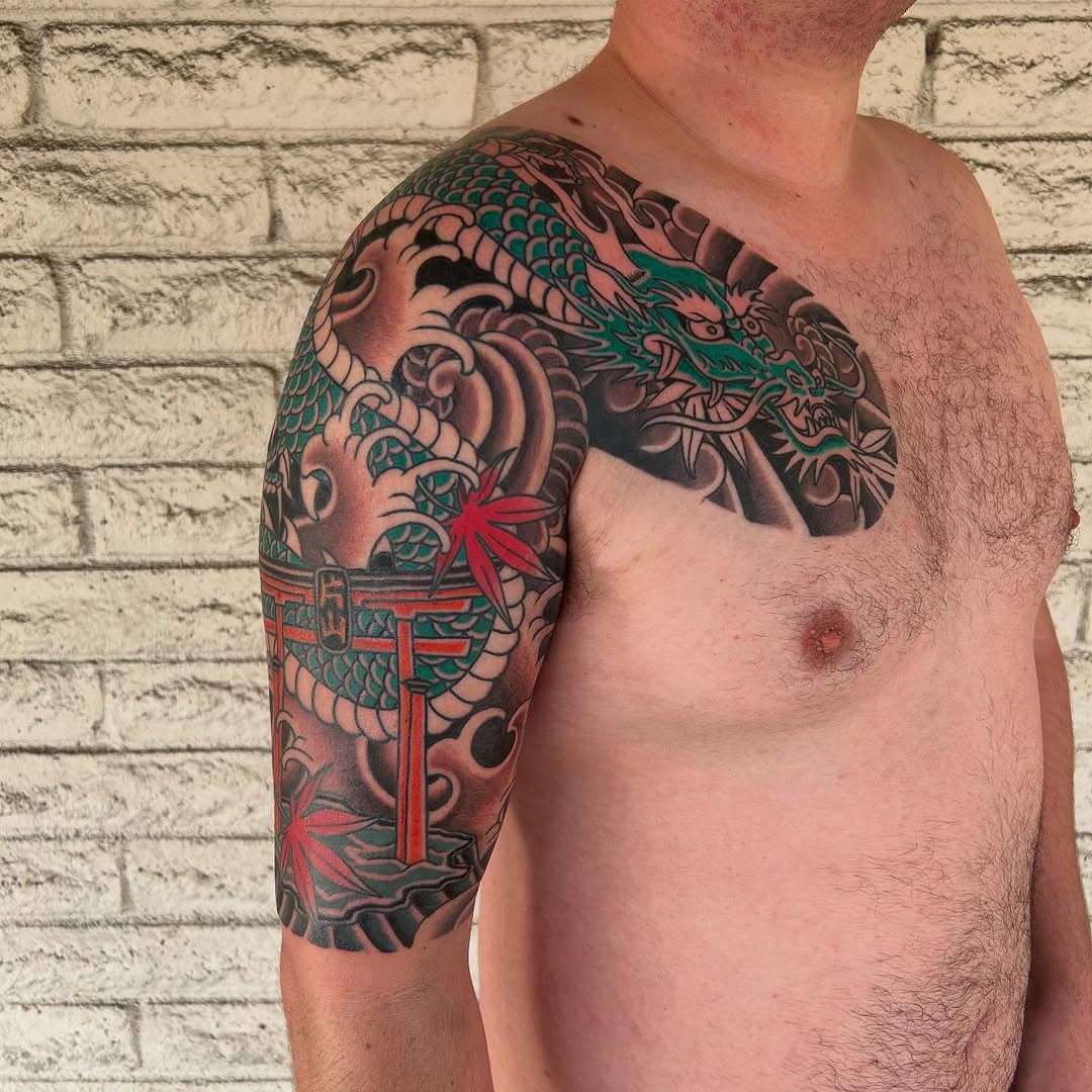 Day 2:  Noah is an animal.  Back to back this weekend for his chest to elbow dragon sleeve . 1 more sitting to go and will be fully completed.  Knocking this one out super fast . 💪🏾🧱🧡 
Looking to start and complete your sleeve? Dm me for inquiries let’s get you going ! 
Books open for March-May🌷

#japanesetattoo #japanesetraditionaltattoo #irezumi #fullerton#brea#anahiem #orangecounty  #fullertontattoo #placentia#yorbalinda #orangecounty#stephenasanchez #dragontattoo #japanesedragon#japanesesleeve#sleevetattoos #dragonsleeve