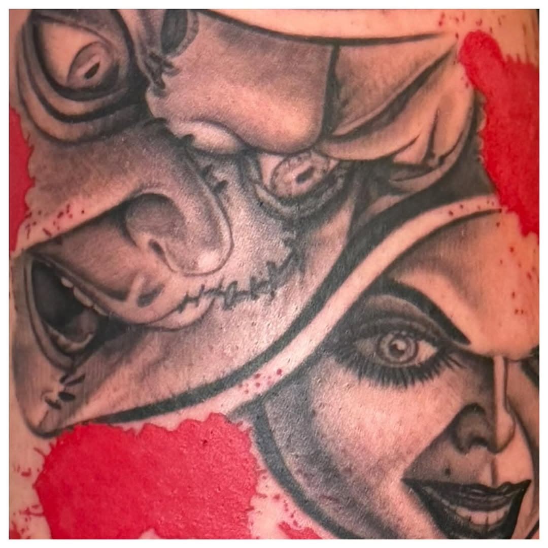 Tattoo by Aaron. Chucky and Tiffany for Skyler!! Thanks my dude!! #kruegerfamily #kruegertattoo #kruegertattoostudio @recoveryaftercare @fkirons @dynamiccolor @blackclaw #eauclairetattoo #eauclairetoday #eauclairewi #blackandgreytattoo