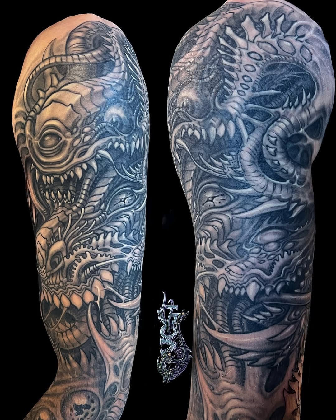 Healed sleeve on Ryan from last year. A bit different from my norm, but inspired by the art of Brock Hofer as requested. And then at the end you’ll find Lemmy ⚔️. #biomech #bioorganic #biomechanical #artist #art #alien #scifi #scifiart  #milwaukeetattoo #tattooedwomen #tattooed #milwaukeetattooartist  #jasonvogt #jasonvogttattoo #tattoo #tattoos #tattooer #tattooartist #darkartists #linework #blackwork #ink #inked #wisconsintattooartist #tattoolife #tattooart #visionaryart #conceptartists