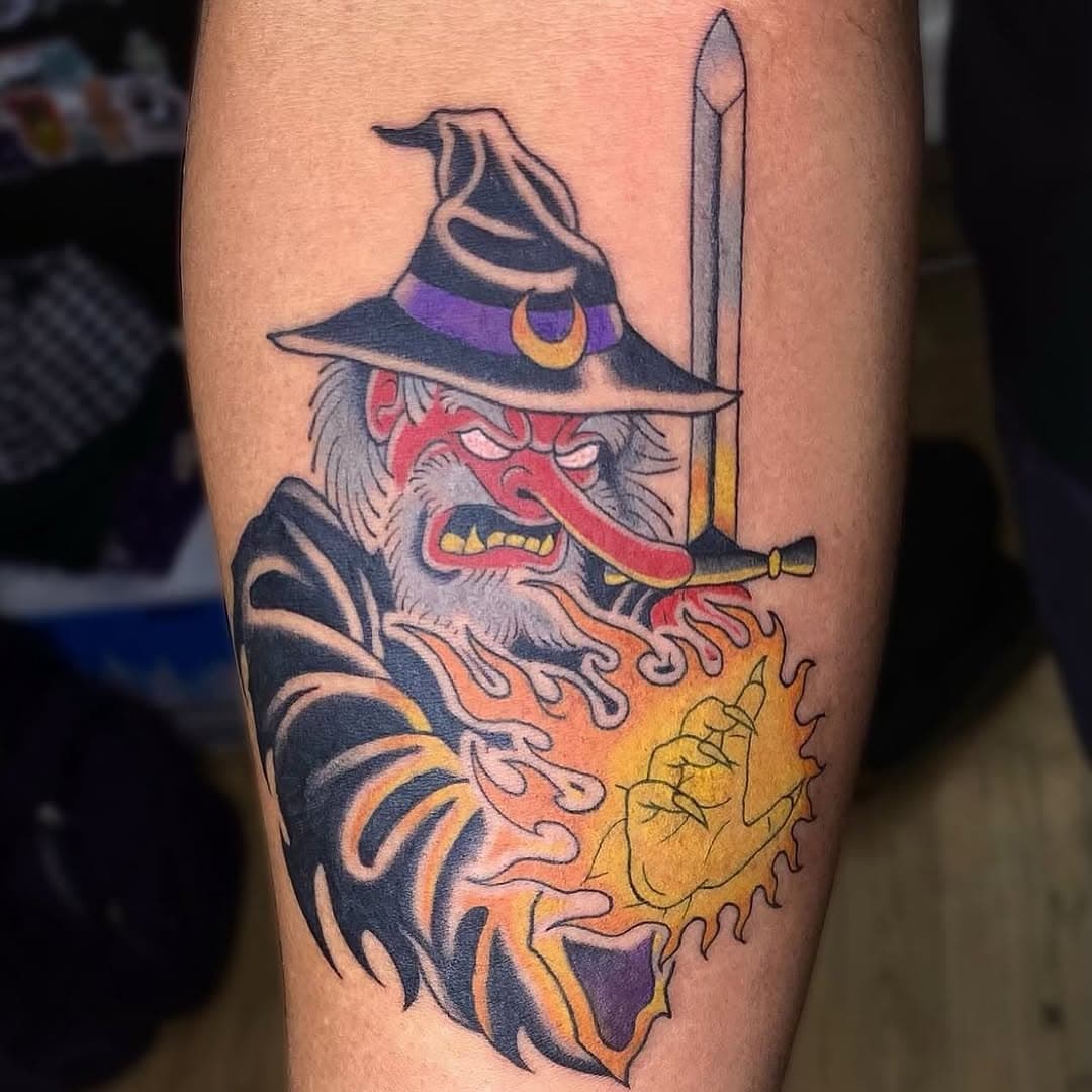 👺 @_lazy.bones_ 👺 #warrior #wizard #wizardtattoo #japanese #flash #tattoo #luckykattattoochicago