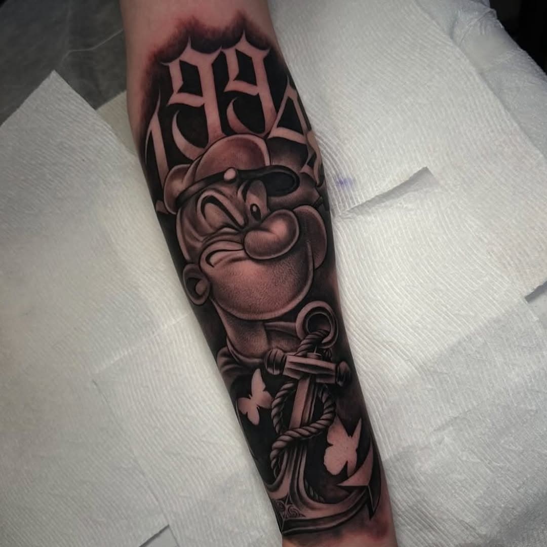 POPEYE by @okaygnto #popeye #popeyethesailorman #popeyetattoo #blackandgreytattoo #tattoo #luckykattattoo