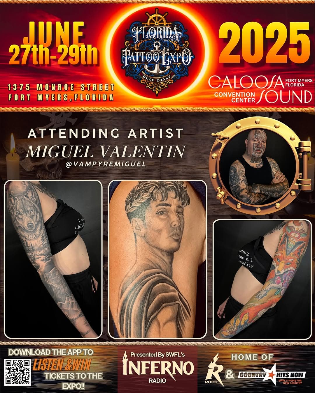👏 Please help us welcome @vampyremiguel to the 2025 @floridagctattooexpo, to be held June 27-29th at the Caloosa Sound Convention Center in the Historic River District of Downtown Ft. Myers, Florida! 

✉️ Please DM @vampyremiguel for all inquiries about walk-ups and/or appts at the show! 

🚨 Over 250 tattoo artists 
🚨 Dozens of retail/art/merch & supply vendors 
🚨 Daily Tattoo Contests, judged by Yallzee, Alwin Perez & Funhouse Casper
🚨 MC Joey Tattoo 
🚨 Live music by Smack Daddy: and
🚨 Acoustic jukin’ blues, soul and rock n’ roll by Two Dogs and Friends, straight outta Georgia
🚨 Circus & Sultry Burlesque Production by Sinister Sisters
🚨 Amazing Food & Libations 

Kids 12 and under are free, however parental discretion is advised due to language, risqué shows, and possible nudity.

🎟️ Tickets can be purchased on our website. Link in the bio. 

⏰Hours: 11am-11pm Friday & Saturday 11am-7pm Sunday 

🏨Also, if you would like to Stay & Play for a night or two, the Luminary has extended us an even better group rate starting at $189/night, which is a steal for this normally $350-$600 per night hotel!  Reservations can only be made on our website www.floridagctattooexpo.com/hotel

#floridagctattooexpo #floridatattooexpo #tattooexpo #swfltattoo #fortmyerstattoo #southwestflorida #swfl #fortmyers #capecoral #naples #bonitasprings #estero #sarasota #bradenton #northport #portcharlottetattoo #downtownfortmyers #puntagorda #fgcu