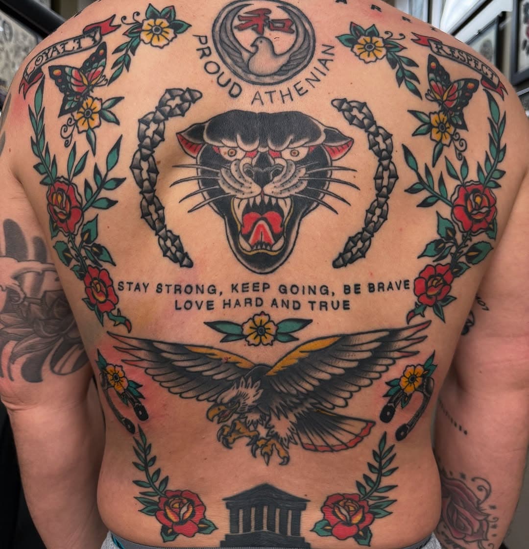 Added some cool horseshoes to this backpiece. #traditionaltattooartist #tradworkerssubmission #newjerseytattoo #jerseycitytattoo #newjerseytattoos #horseshoetattoo