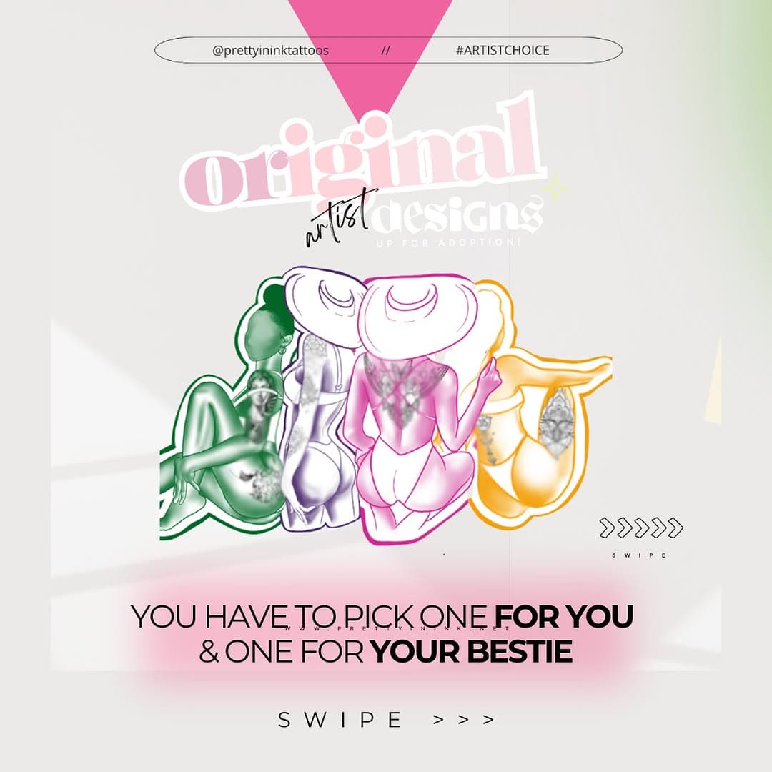 how well do you and your besties know each other! Swipe right to see all the designs—choose HER fav and yours! Then tag them and see if you were right!

P.s. did you know ALL of these are artist original pieces that are up for grabs? They are pre-priced and ready to be adopted by YOU just in time to heal for summer!

Green 💚 Rosa
Purple 💜 Nicole
Pink 💖 Jackie
Orange 🧡  Tressa

For more info on size & price of these pieces, comment the color you’re interested in bellow and we will DM you the info!

To stay in the know on the freshest newest pieces up for grabs as well as 20+ themed monthly sale tattoos, comment “pink list” bellow to join our newsletter (we don’t spam—only 2 emails a month). We’ll see you there!

#prettyinink #femaletattooartist #girlytattoos #dmvbusiness #dmvtattoo