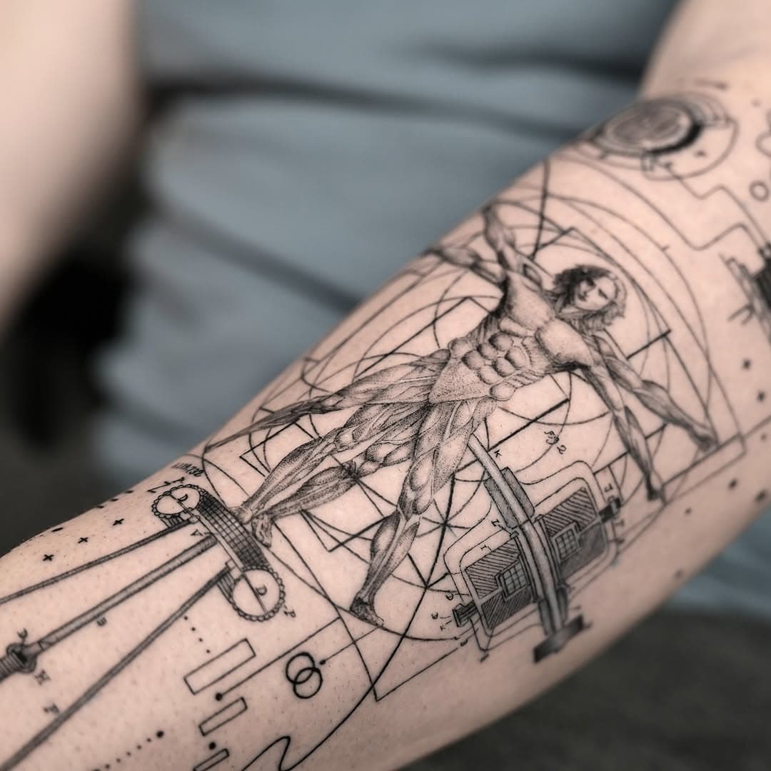 This tattoo is a harmonious fusion of art, science, and innovation. It combines Leonardo da Vinci’s Vitruvian Man—a symbol of human proportion and potential—with elements of Nikola Tesla’s groundbreaking technology, such as electromagnetic and energy concepts. The intricate geometric lines and technical symbols reflect humanity’s quest to bridge art and technology, exploring the balance between nature, invention, and the cosmos.
.
@rothschild.fineart 
@onyxtattoosupply
@masttattoo.official 
#finelinetattoo #tattoo #fineline #ink #arttattoo #spiritual #tattooartist #explore #tattooart #tattoos #tattoodesign #vegan  #viral #tattooidea