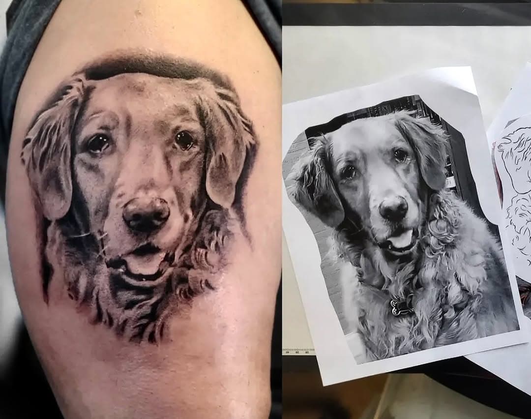 We just can’t get enough of Timms @righteousrebelz pet portrait tattoos. So beautiful 😍 @midnightmoontattoo 
#petportraitartist #petportraittattoo #midnightmoontattoo #portraittattoos
