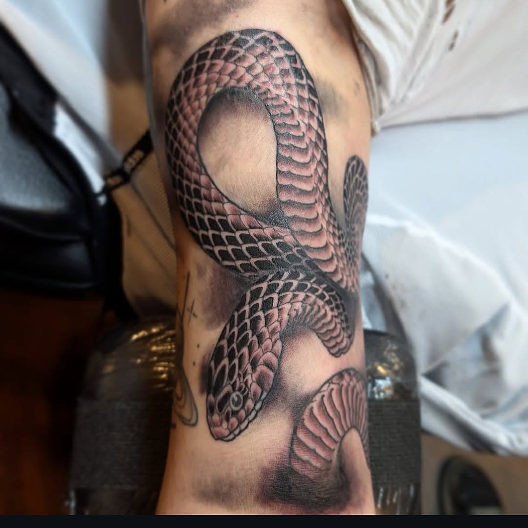 @mattschiel_tattoos  wants to know what you get when you cross a snake with a pie??? A python!!! 

#oldlarimerstreettattoo #denvertattoo #coloradotattooartist #snaketattoo