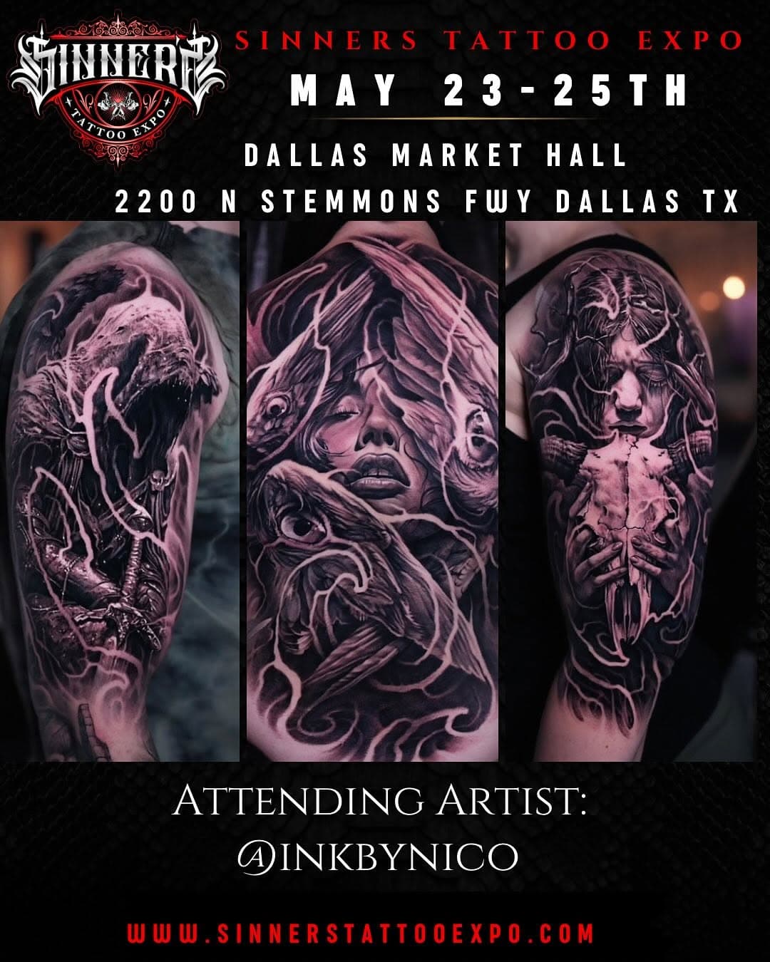 We’re excited to welcome back the incredible @inkbynico to the Sinners Tattoo Expo! Get ready for some serious ink magic as Nico joins us to showcase his talent. Don’t miss your chance to book a session and witness the artistry firsthand! #sinnerstattooexpo #dallas #expo #dfw #tattoo #dallasevents