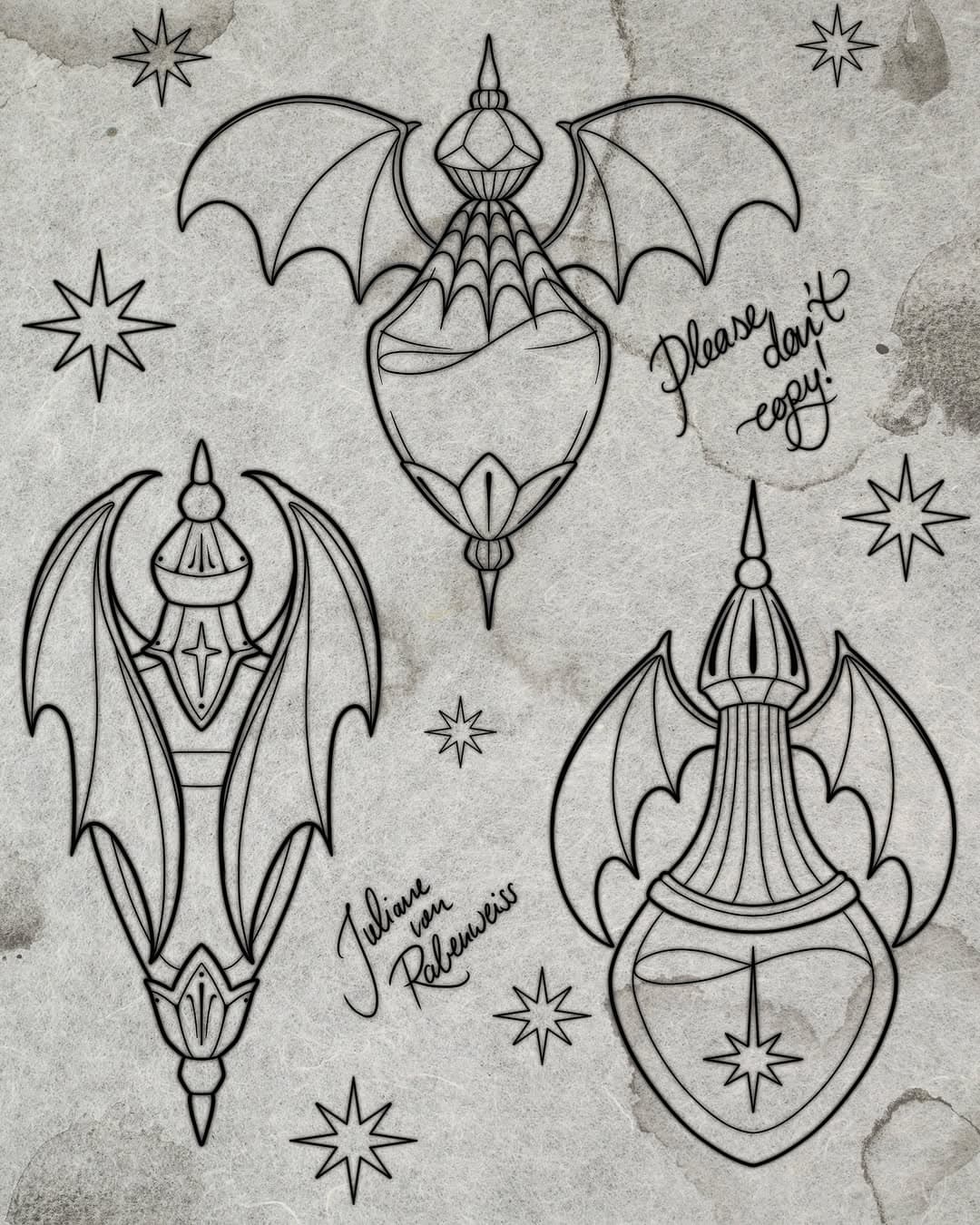 New Wanna Do’s 2/4. Bat potions. After my last potions were shamelessly stolen by a tattoo artist, I asked you what kind of new potions you would like. Here you can see some of the new designs I have created. You are also welcome to be inspired by them and ask for an individual design! All motifs are protected by copyright and may not be published or used by anyone other than me. 
I’m currently offering appointments until the end of August! Write me via my contact form to book an appointment! Link in Bio!

All designs are still available 

#neotraditional #neotraditionaltattoo #neotraditionalgermany #neotraditionaleurope 
#germantattooers #ladytattooers #neojapanese #neojapanesetattoo #neotradeu #köln #düsseldorftattoo #kölntattoo #colognetattoo #tattooköln #düsseldorf