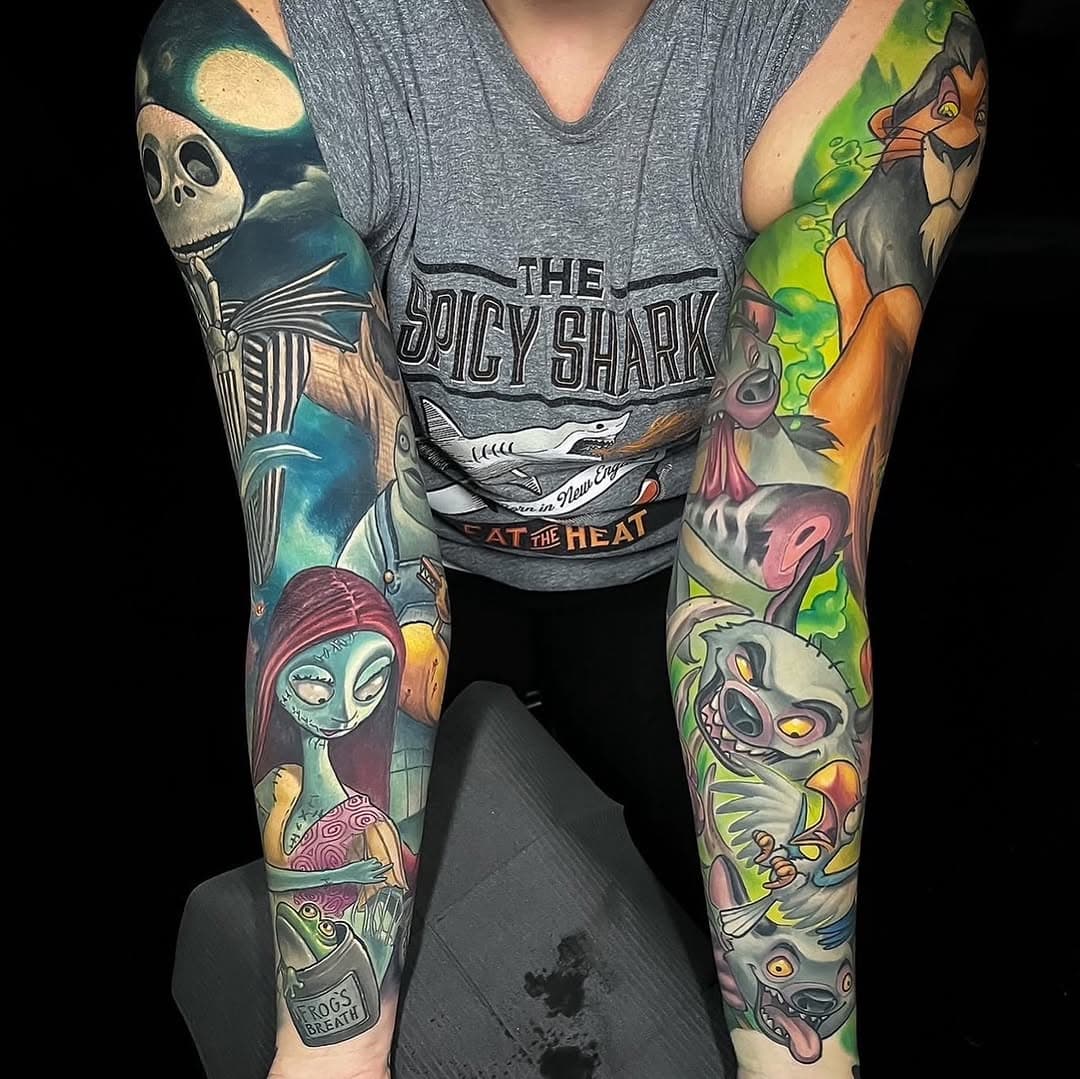 Booking April and May 
.
#throwbackthursday #tattoosleeve #sleeve #sleevetattoo #disneytattoo #lionkingtattoo #tnbc #nightmarebeforechristmastattoo