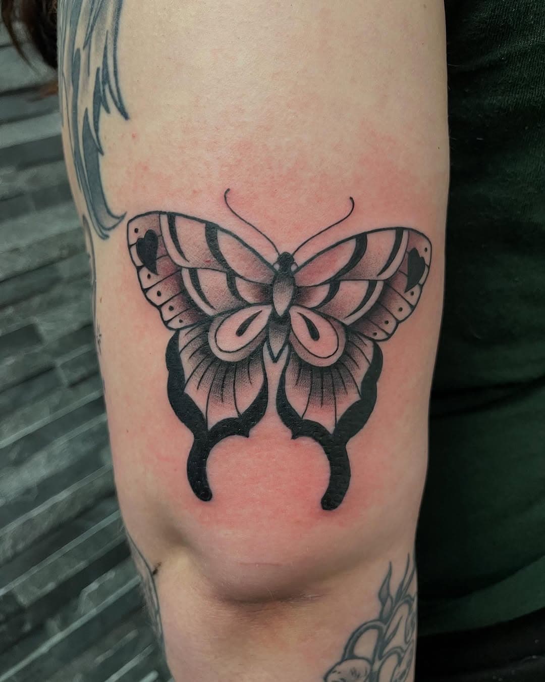 A detailed butterfly tattoo by Joe!
 #muse #tattoo #musetattooandbodypiercings #palmrya #palmyranj #njtattoos #nj #joestattoos #butterflytattoo #traditionaltattoo #tradtattoo #traditional #tattooshop
