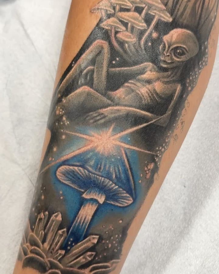 Super stoked on the start of this leg sleeve! Aliens, mushrooms, psychedelics, OhMahAlienGods yes! 😂🍄👽🥰

Thank you again for your trust @sun_shine170 can’t wait to keep chipping away at this!