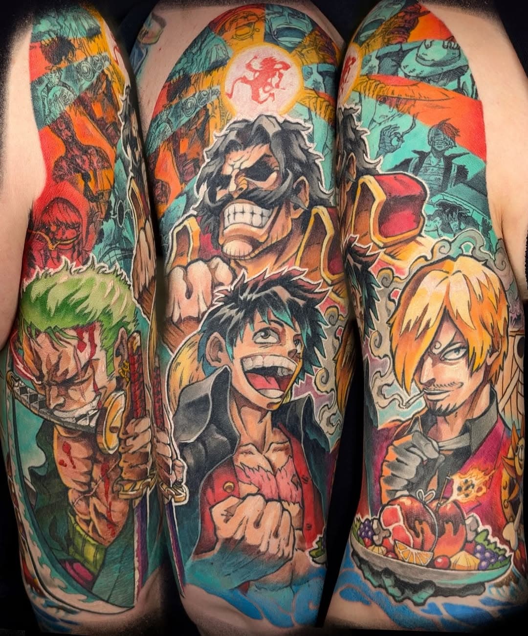 ONE PIECE half sleeve all finished for RJ. I had so much fun creating this piece, thank you friend for continuing to provide me the sickest opportunities for rad tattoos. 

Depicted here are: Luffy and Gol D. Roger on the outer arm, Zoro on the tricep, Sanji on the bicep, and the Thousand Sunny on the inner bicep rounding things out. There's tons of details and hidden treasures throughout, including a ton of what we decided to dub "tragedy panels". How does such an upbeat anime consistently have such intense moments? Trust in Oda-sensei I guess. 

Swipe to the very end for a little tribute to the world of One Piece in as simple terms as one can get, and placed in the goofiest way in connection to the bigger piece (the video really shows that off)

The bulk of the tattoo is healed, some fresh filler elements here and there along with some minor touchups smoothing out a couple areas. I really couldn't be happier with how this one turned out. Thank you, RJ!

--------

#onepiecetattoo #anime #monkeydluffy #roronoazoro #sanji #strawhatpirates #animetattoos #customtattoo #halfsleeve #fullcolortattoo #lordlexantattoos