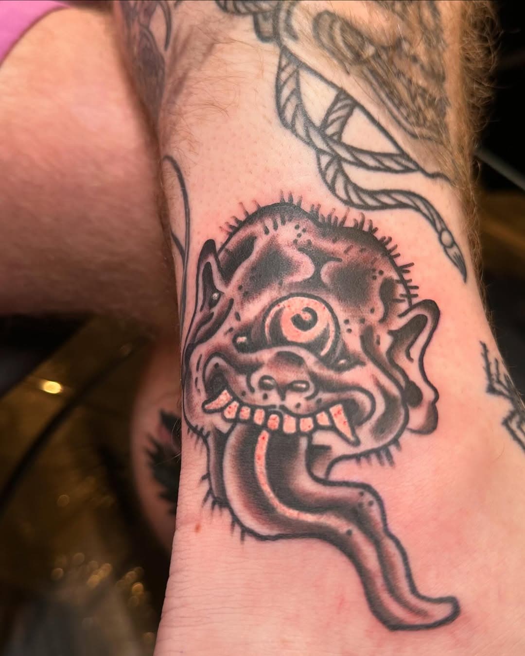 Fun Yokai from @iainmullenart flash is ready for the Tamale Pie 🥧 
•••-
Clean Tattoos and Hot Flash always ready @ColossusTattoo in Downtown Tempe. 
•
#Tattoo #Yōkai #YokaiTattoo #BlackAndGreyTattoo #AZTattooer #PhoenixTattooer #TempeTattooer #ASU #TamalePie