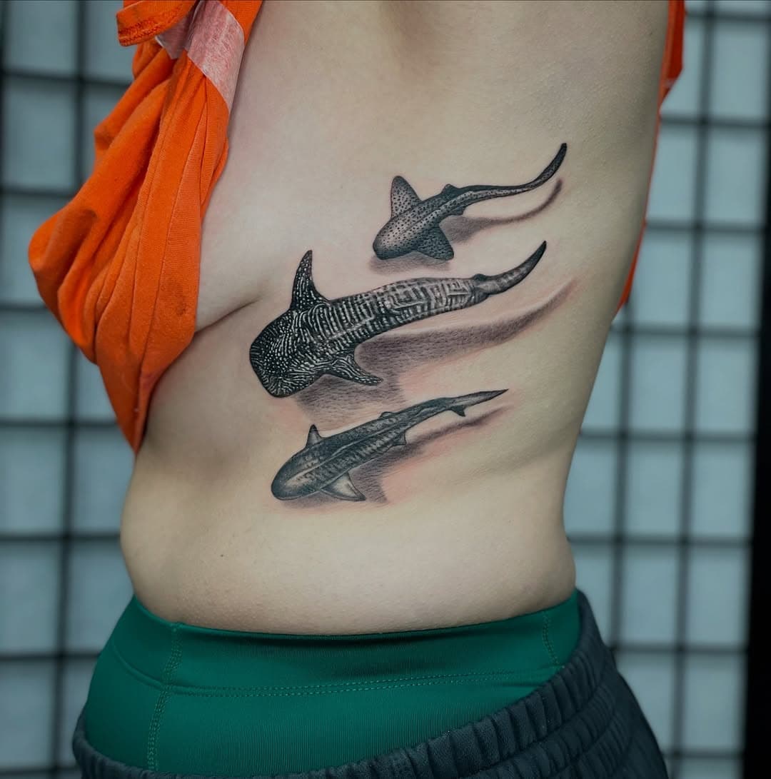Leopard, whale, and tiger sharks for Laura!  Thanks for sitting like a statue when it was spicy!  You’re the best! Until I see you again enjoy your new tattoo!

(Did the shadows of the whale and tiger shark last, that’s why they’re so porous and swollen. It’ll settle like the leopard shark shadow after a couple hours).